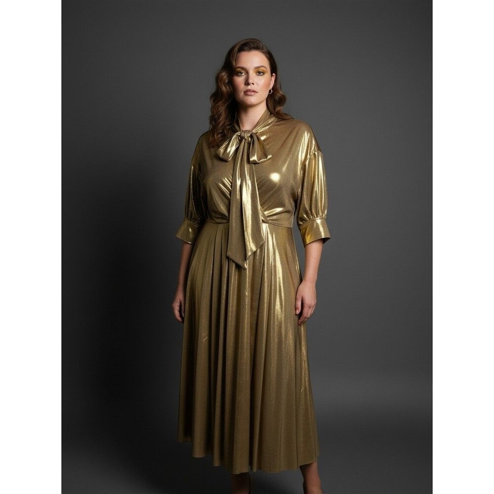 Norma Kamali Womens Size XL 42 Liquid Metallic Gold Tie Dress New Years Holiday